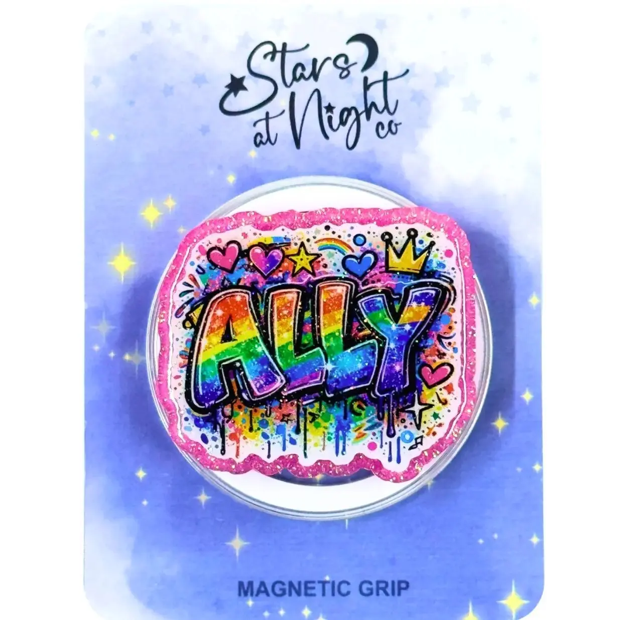Glitter Rainbow Ally Phone Grip, Magnetic or Adhesive, MagSafe Compatible Holder