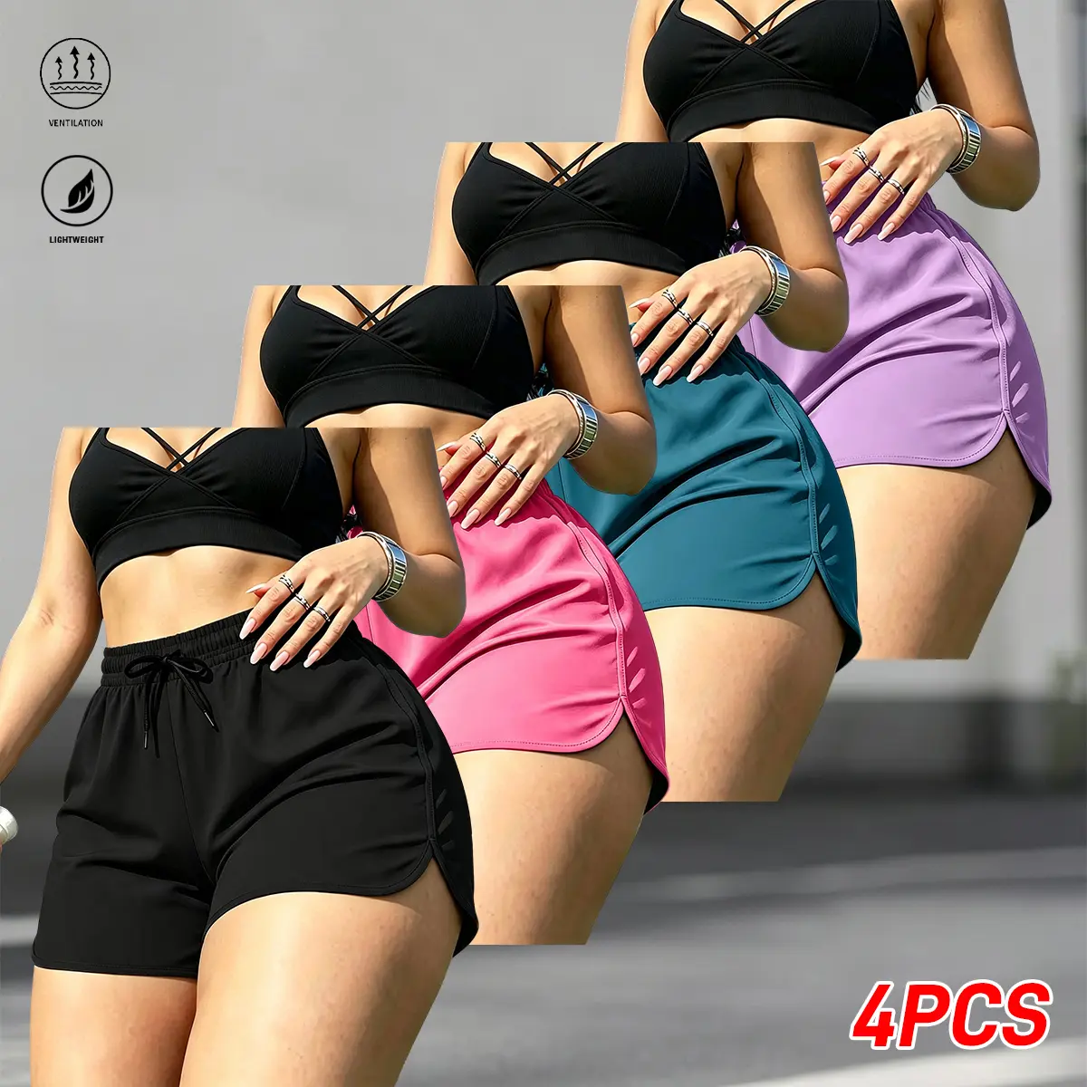 Women’s new summer three-inch casual athletic shorts, four-pack set, elastic waistband with drawstring, suitable for sports, fitness training, yoga, and everyday wear.,clothes for back to school,first day of school outfits