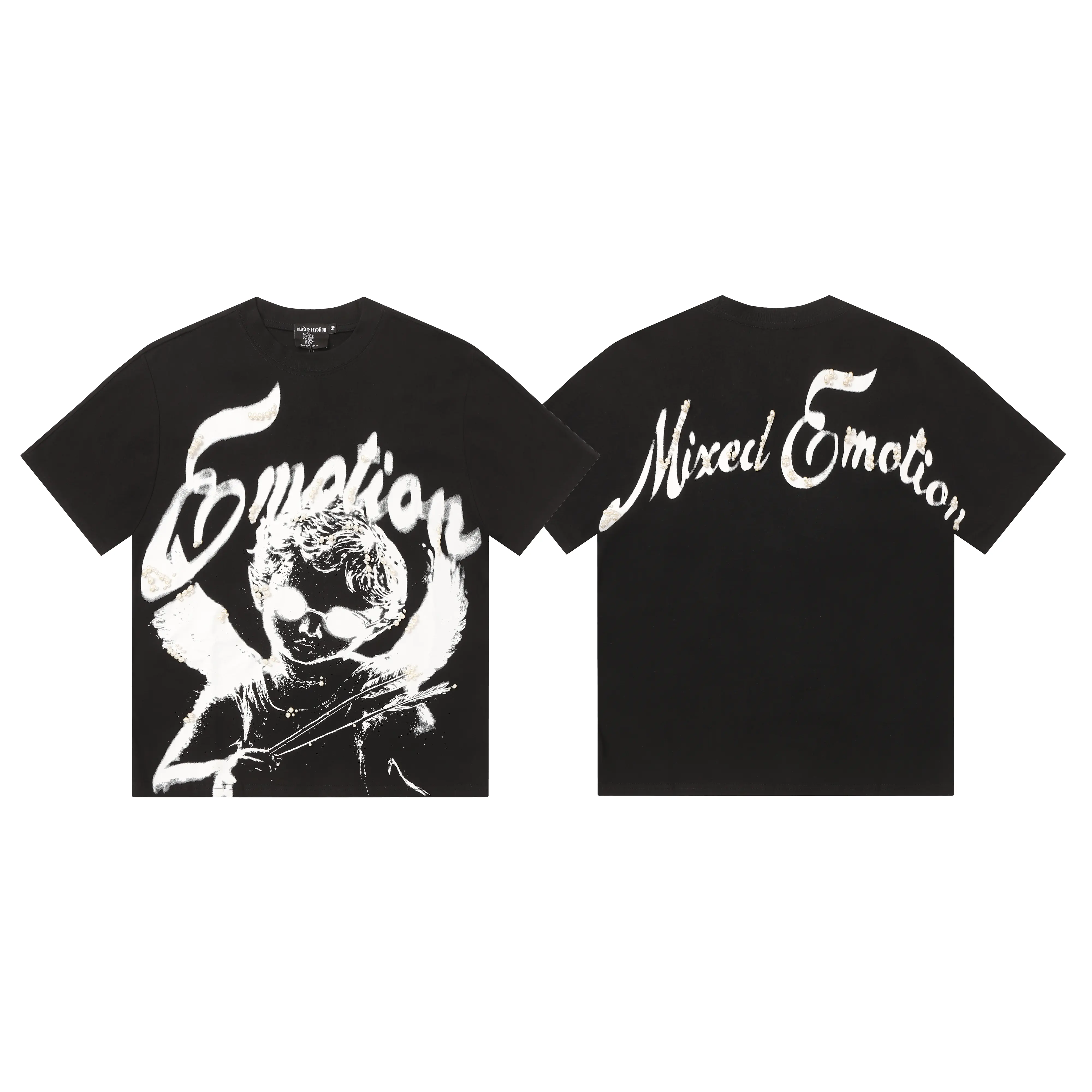 Mixed Emotion Cherub Angel Graphic T-Shirt, Monochrome Cupid Portrait with Crystal Embellished Script and Large Back Logo, Black Double Sided Graphic Tee for Men Women, Dark Romantic Y2K Streetwear Fashion Accessories