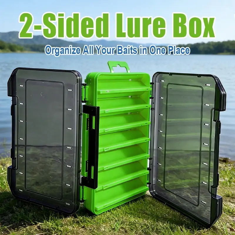 Fishing Lure Box, Dual-Sided Gear Compartments, Lure Organizer Tray, Rotating Lure Storage, Fishing Equipment Case, Bait Box