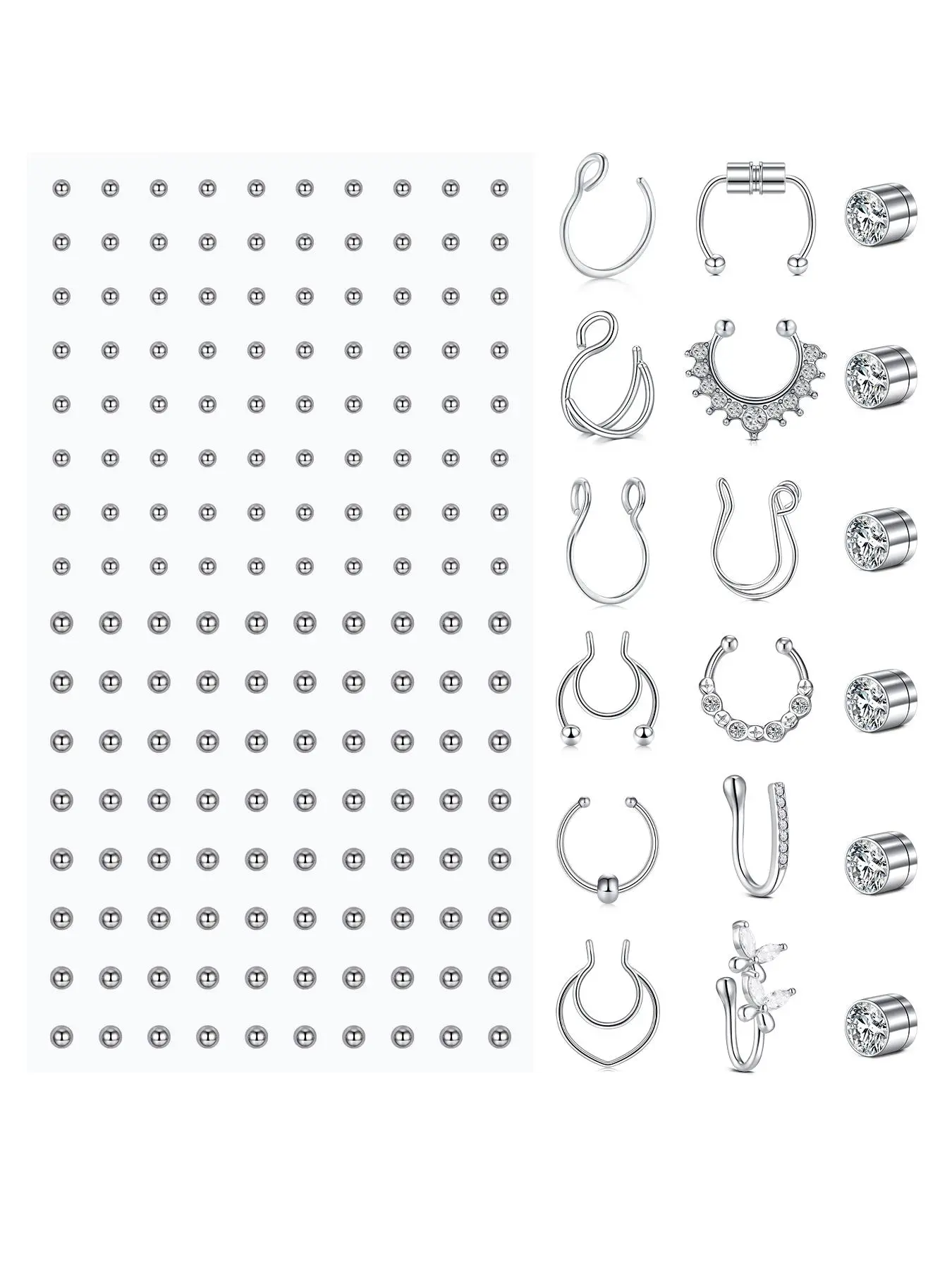 Punk Fake Body Piercing Jewelry Set, Self Adhesive Stainless Steel Balls Face Gems, Fake Nose Ring Magnetic Nose Studs Fake Lip Ring Fake Eyebrow Piercing, Fashionable Non Piercing Body Jewelry for Women & Men