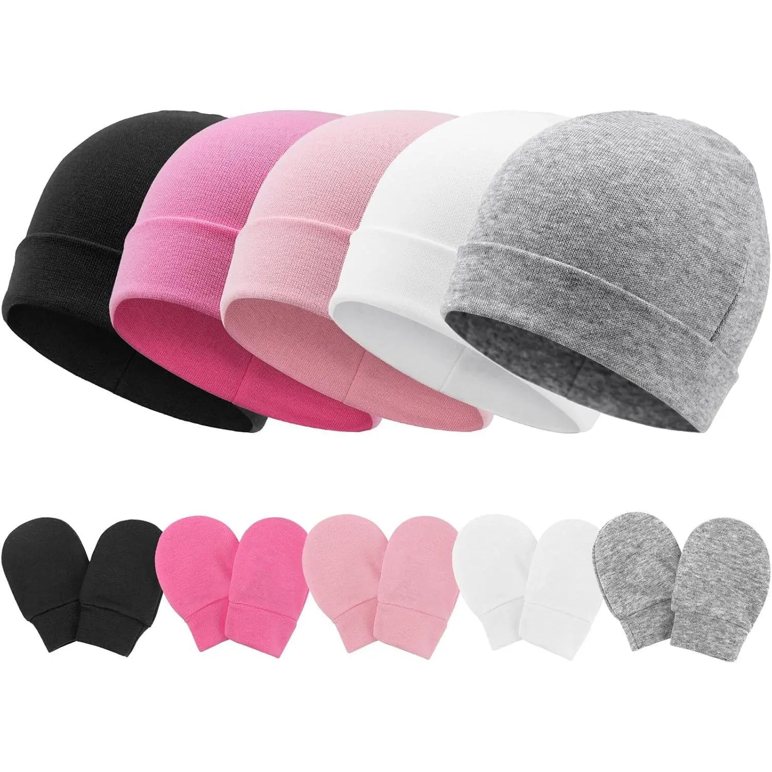 KF5-HB20 Cotton Newborn Baby Beanie Hats and Mittens Set - Infant Caps, Toddler Gloves for 0-6 Months Boys & Girls (Hospital Use Compatible), Beanies Hats