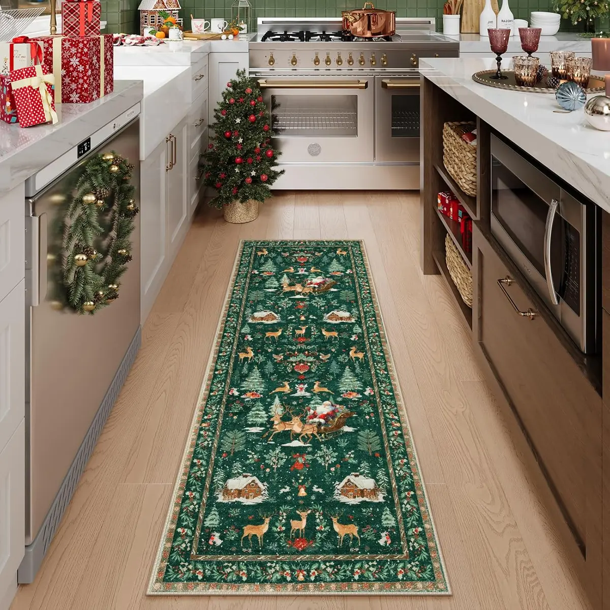 Christmas Kitchen Rug Set, Reindeer Santa Claus Design, Pet-Friendly Non-Slip Soft Plush Mats, Ideal for Indoor Use
