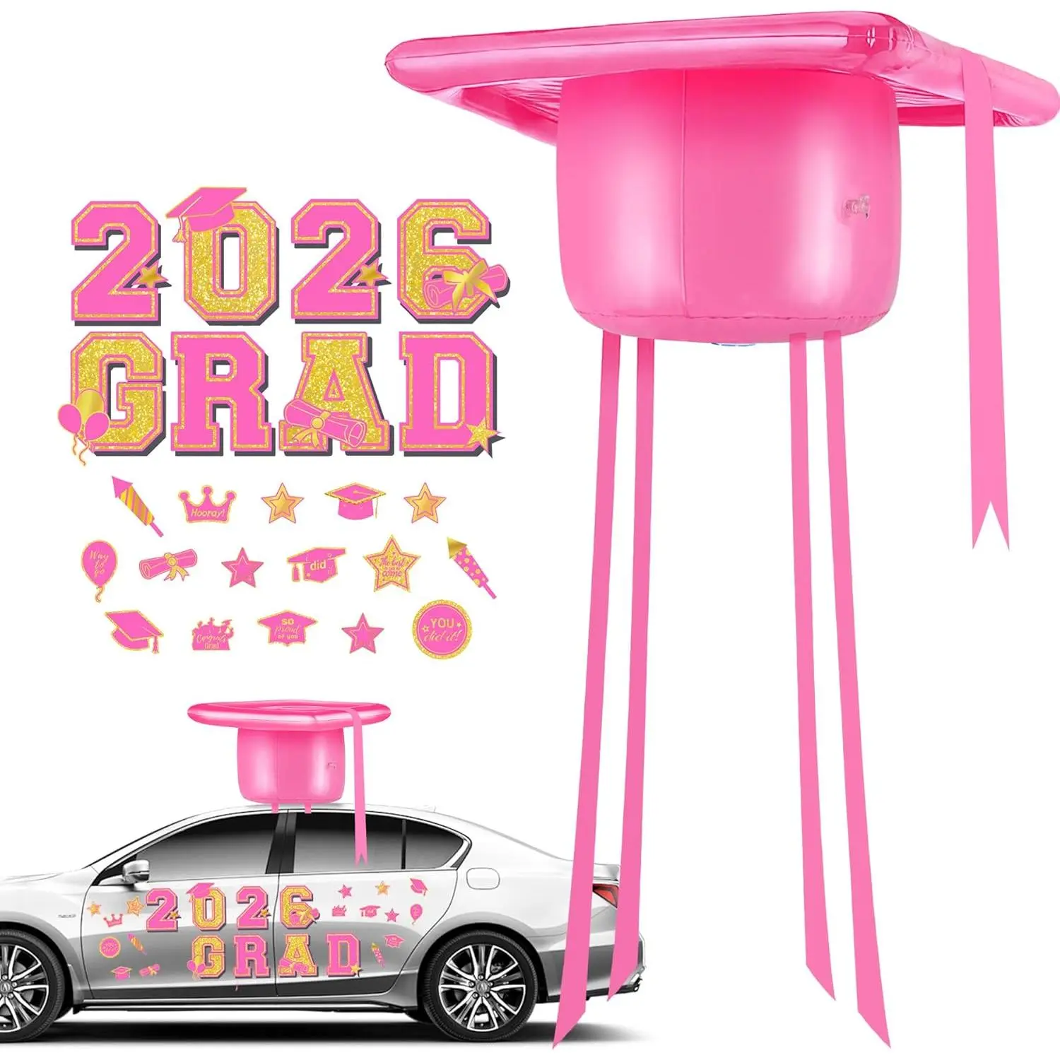 2026 Graduation Cap Car Decorations Kit, 20 Inch Pink Inflatable Graduation Cap Car Topper with 24 Rose Gold Graduate Car Magnets Class of 2026 Grad Decor