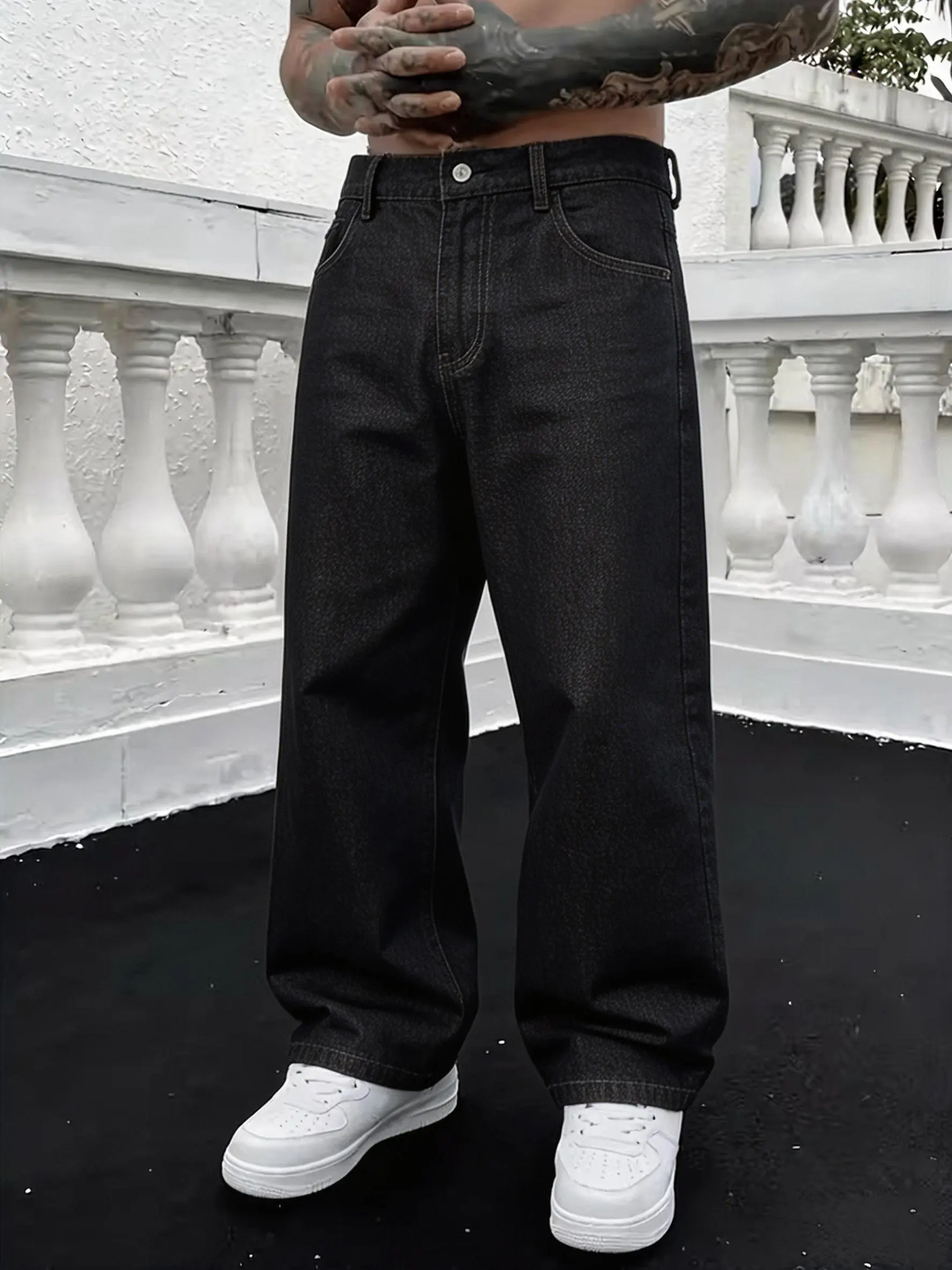 Men's Vintage Wash Raw Denim Jeans - Stylish Streetwear Straight Wide-Leg Pants, Black/Gray Drapey Floor-Length Plain Menswear Bottoms