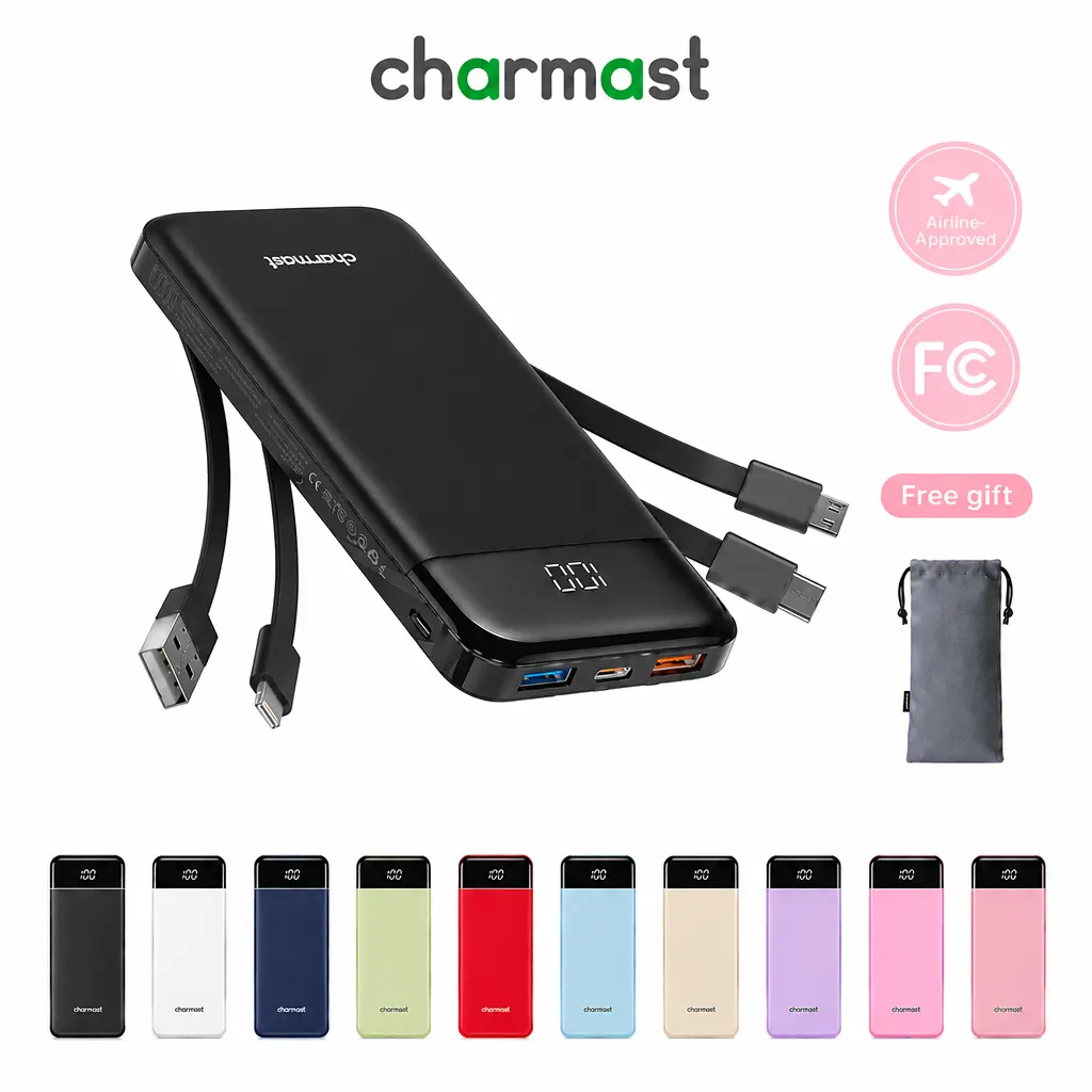charmast 10000mAh Portable Charger with Built in Cables, 22.5W Travel Essential Power Bank Fast Charging, USB C Battery Pack for iPhone 17/16/15/14/13/12/11 Series, iPad, Samsung, Android, Tablet