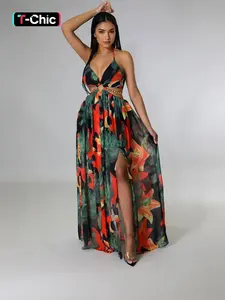 Summer Floral Print Deep V Halter Tie Split Maxi Dress Casual Wear