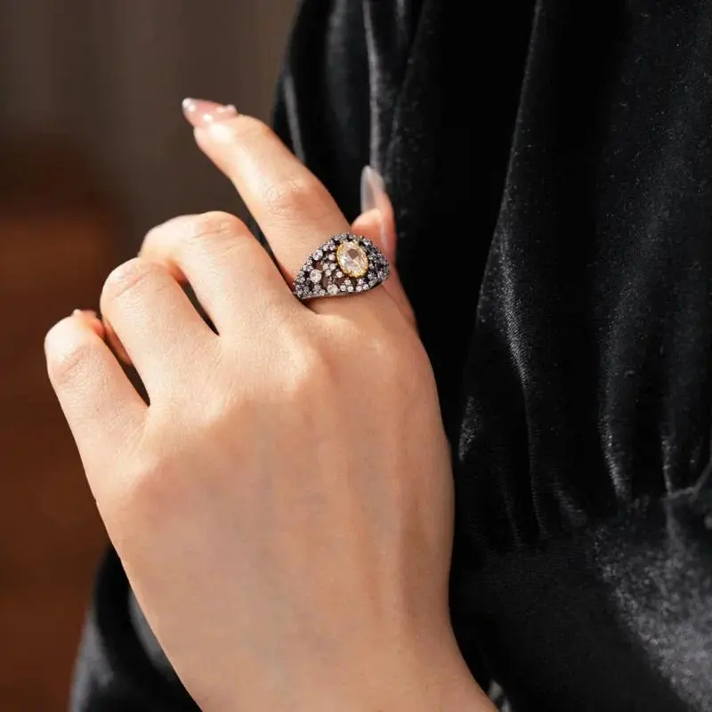 Medieval Vintage Adjustable Ring Wide Oval Zircon Index Finger Ring Luxury High-end Fashion Jewelry for Women, Vintage Rings, Medieval Rings