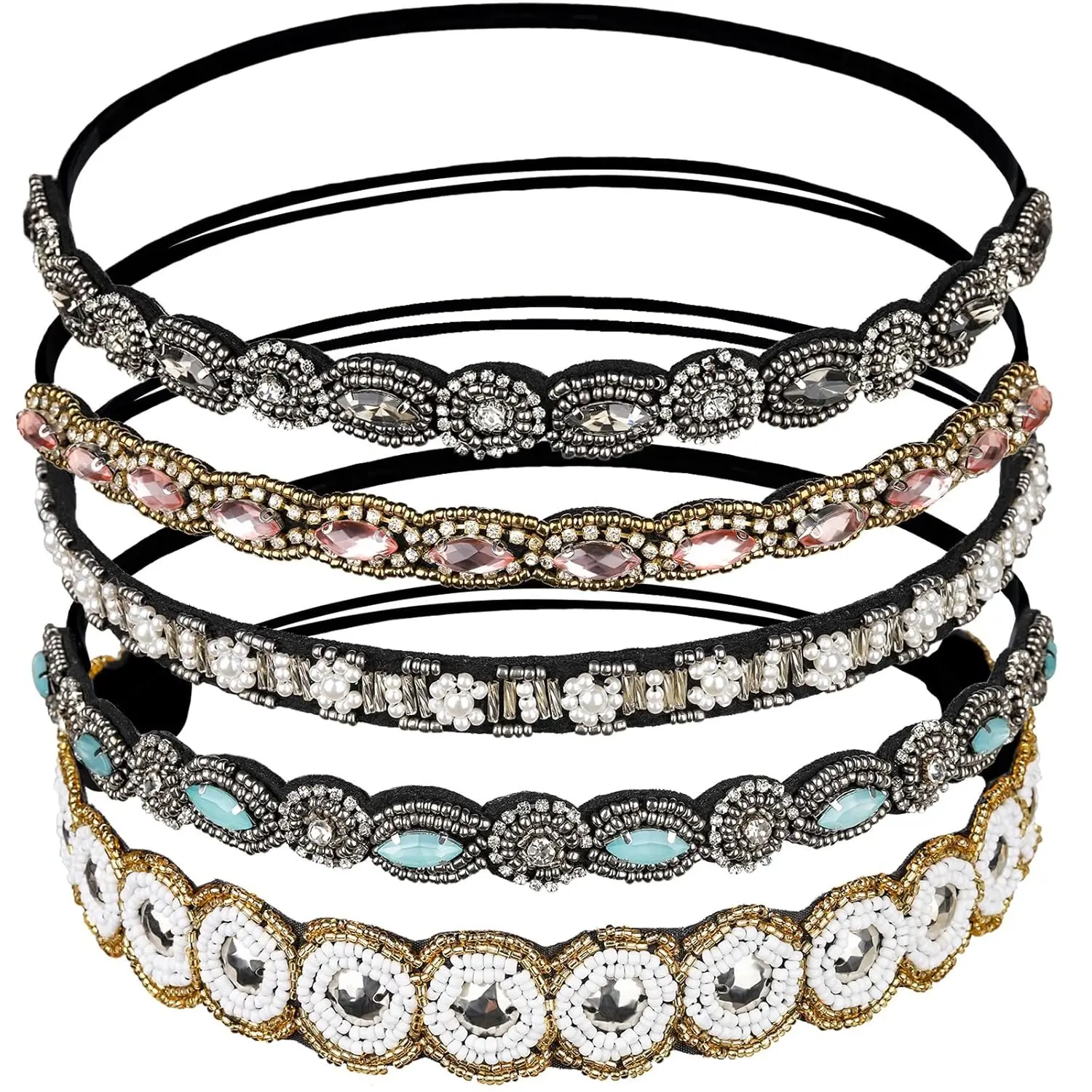 5pcs Hairbands for Women, 5 Rhinestone Beaded Headbands, Head Bands for Women's Hair Fashionable Handmade Crystal Beaded Elastic hairbands, 20-26.8"(51-68cm), 1 Count (Pack of 5), HAIRBAND