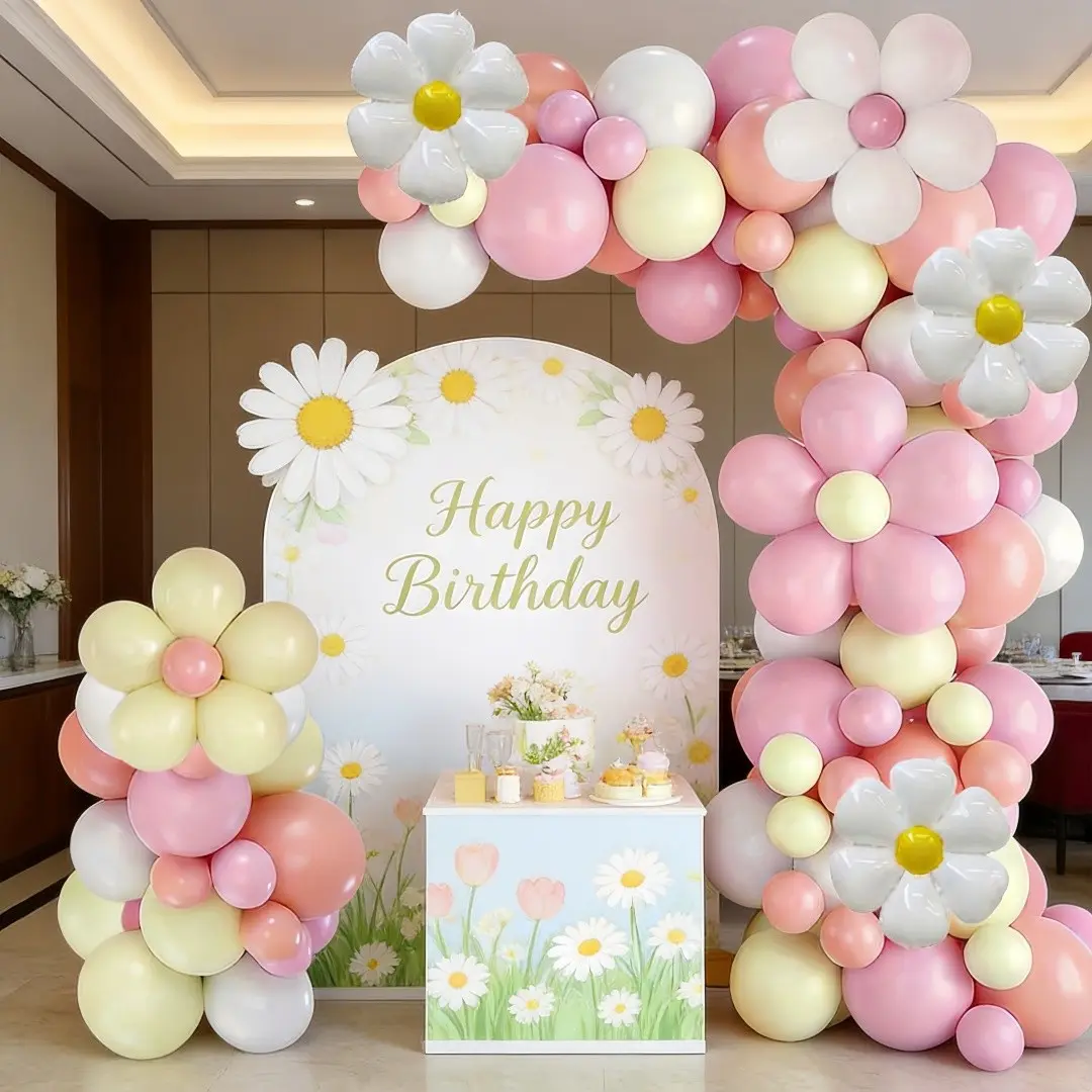 120pcs Daisy Balloon Arch Set, Aluminum Foil Daisies with Macaron Balloons, Spring Birthday Party Decorations, Balloon Arch Backdrop, Balloon Arch Garland, Balloon Party Supplies
