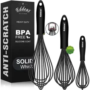 500°F Heat Resistant Silicone Whisks For Cooking, 3 Piece Black Heavy Duty 7"/9"/11" Non-Scratch Balloon Kitchen Wisk Tool Set for Blending Beating Stirring