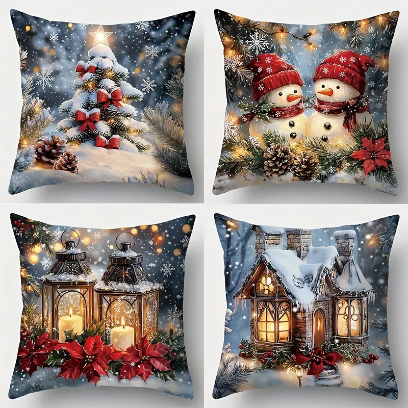 4pcs, Festive Christmas Throw Pillow Covers, Snowman & Tree Design, Zippered Cushion Cases for Home Decor, Cushion Cover Decoration for Couch Sofa, Room Decor and Bedroom Decor, Single Sided Printing, No Pillow Core
