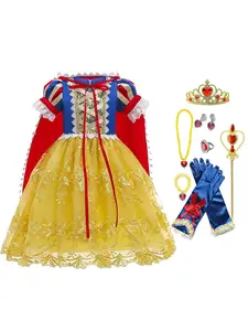 LOEL Luxurious snow princess costume puff sleeve dress up with accessories and red cape perfect for girls party Christmas Halloween character dress up party Stage Performance Dress Decor Mesh Tutu Dress