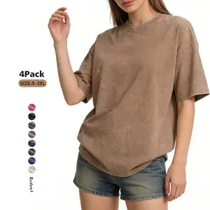 Wayii Fashion 4-Pack Unisex Acid Washed Cotton T-Shirts, Vintage Retro Street Style, Short Sleeve Loose Casual Crew Neck Basic Tops