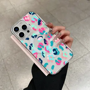 Creative colorful leopard print pattern phone case,acrylic transparent magnetic soft case, suitable for iPhone 17 Air Pro Max 16 15 14 13 12 11 X, Samsung S25 S24 S23 S22,anti drop phone case, lightweight and durable,supports wireless charging