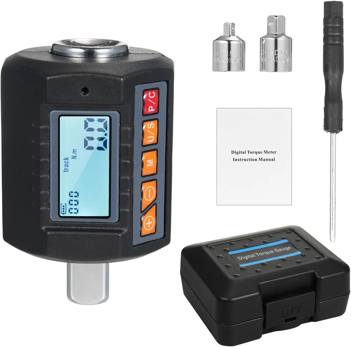 Digital Torque Wrench Adapter Tool with 1/2'' Drive Converter, 3/8'' & 1/4'' Adapters, Calibration Function, Alert Signals, 7.4-250.8 ft-lb/10-340 Nm Range, LCD Display, LED Lights, Automatic Shut Off for Aviation Use