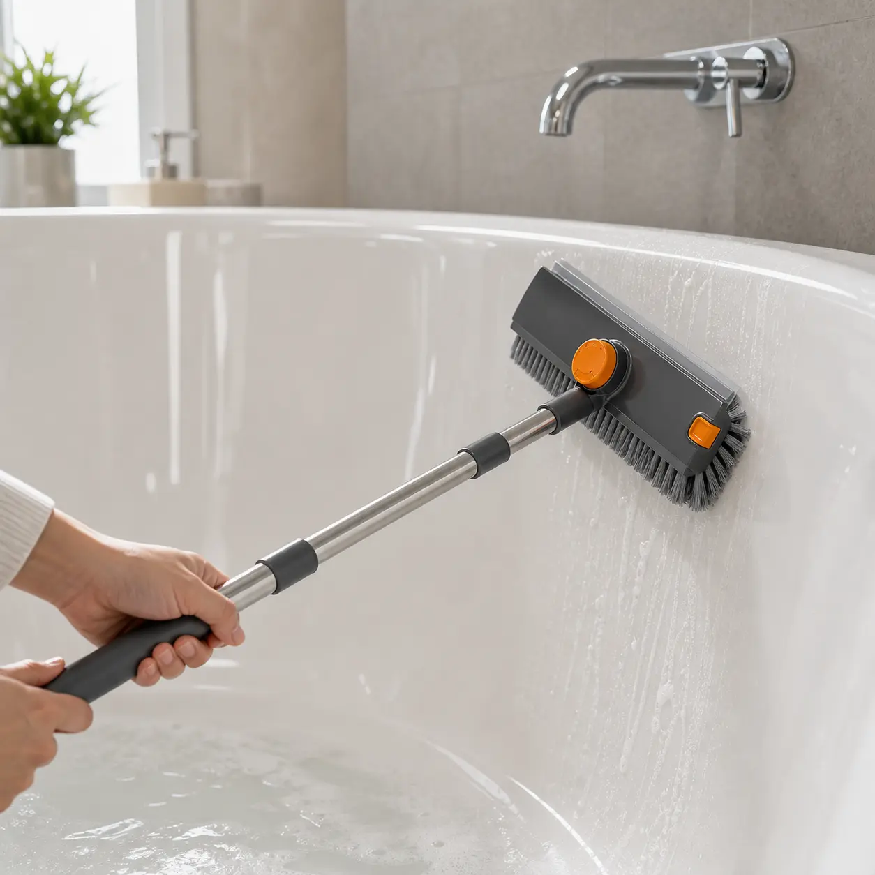 Foldable Adjustable Long Handle Floor Scrub Brush - 3-in-1 Heavy Duty Home Care Supplies with Double Sides Scrub Brush, Rubber Squeegee, Stiff Bristles, Hair Remover Clip, Rotatable 360° Head for Daily Bathroom, Garage Wet Dry Use
