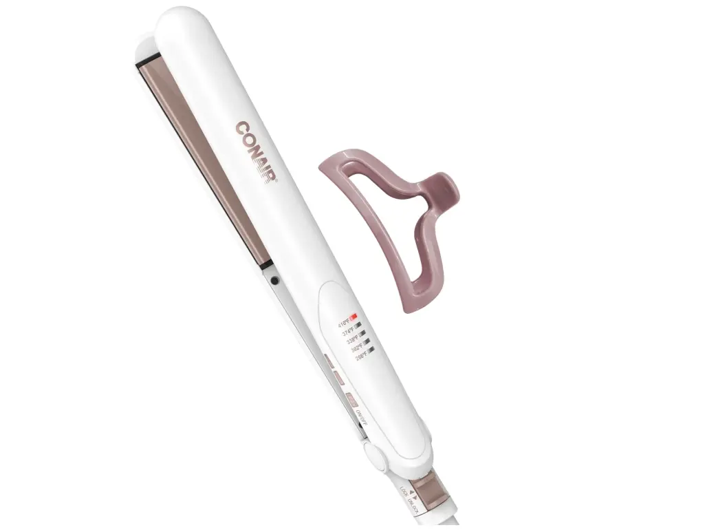 Conair Hair Straightener, Double Ceramic, 1" Extra-Long Plates | Double ceramic hair straightener for all hair types with 5 heat settings to 410°F, 30-second heat up & a claw clip