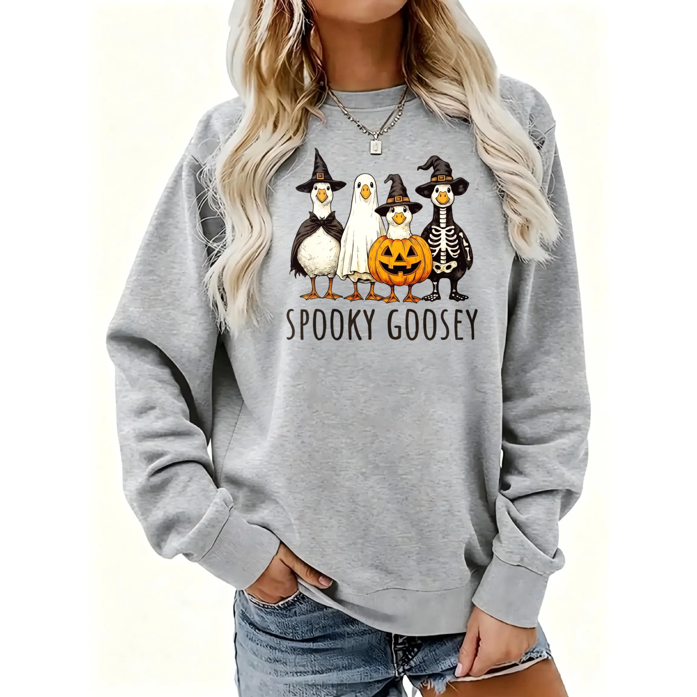 Women's Spooky Goosey Halloween Duck Print Crewneck Sweatshirt | Soft Stretchy Long Sleeve Pullover | Cozy Fall Layering Essential For Casual Daily, Office & Streetwear Looks Round Neck Womenswear
