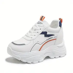 Women's Platform Sneakers - Chunky Platform Shoes with Non-Slip Rubber Sole - Cushioned EVA Insole - Breathable White, Navy & Orange Accent - Petite-Friendly Lift for Everyday & Formal Outfits - All-Season Transitional Footwear, Ladies Snea