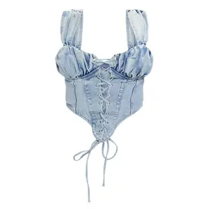 PLT PLUS VINTAGE BLEACH WASH RUCHED BUST DETAIL DENIM LACE UP CORSET US 20 UK 24  The PLT Plus Vintage Bleach Wash Ruched Bust Detail Denim Lace Up Corset is a stylish and trendy plus-size women's top from the brand Pretty Little Thing. This sleeveless co