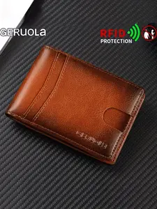 Ultra-Thin Vintage Leather Trifold Wallet, Men's Short Simple Multi-Functional Anti-Theft Card Holder, Polyester Lining, Ideal Gift