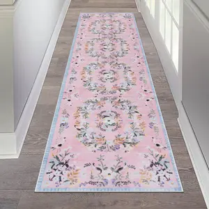 pink floral carpet, Boho floral rug, Runner rug, soft and comfortable floor mat, non-slip hallway rug, washable, Floral Area Rug, Flower Pattern Rugs, Boho Style Rug, Decorative Area Rug, suitable for kitchen, bathroom, bedroom, living room