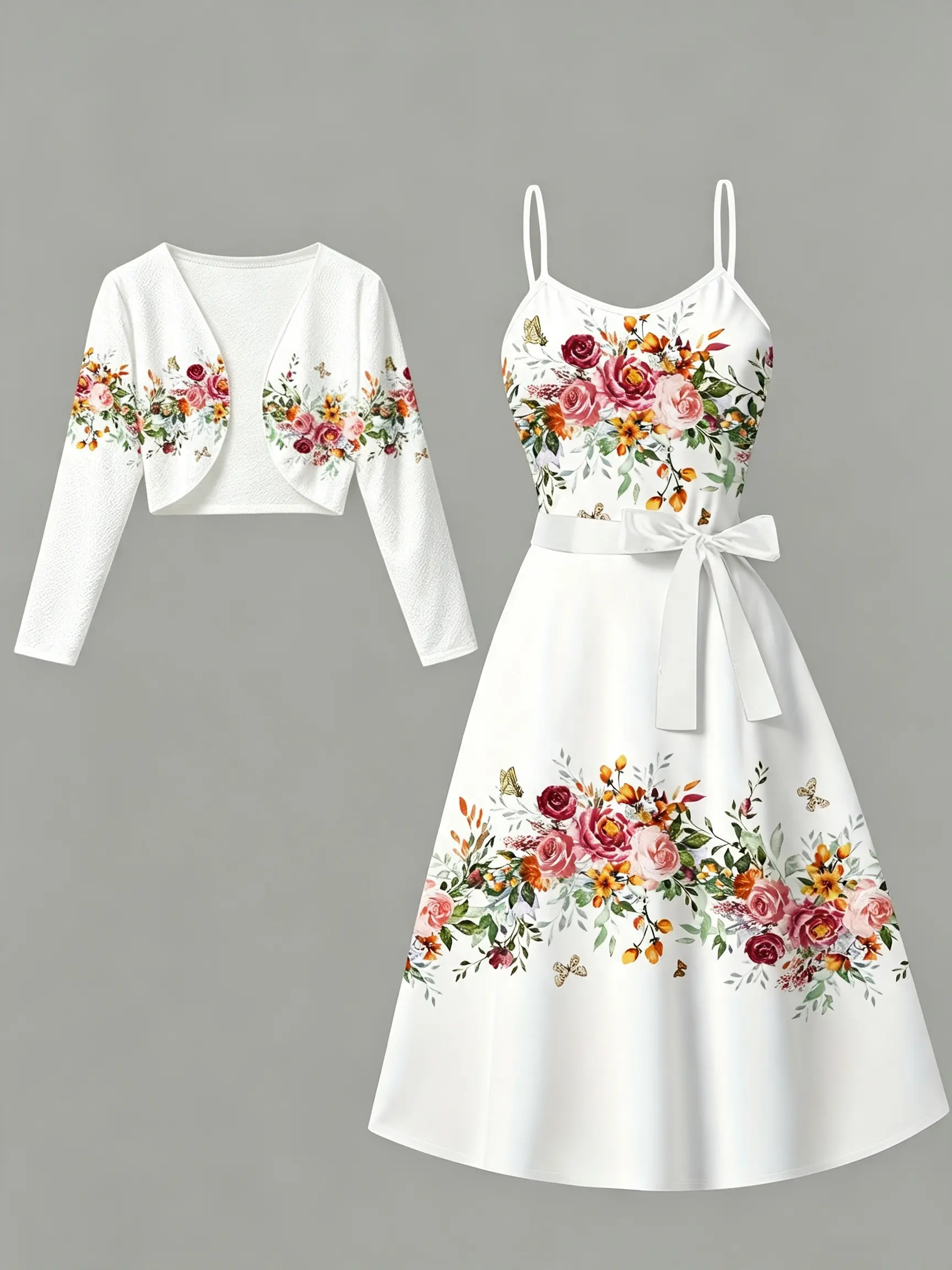 White floral print cropped cardigan + camisole dress with waist cinching and flared skirt two-piece set — gentle, elegant women’s outfit set