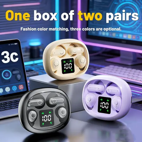 2-Pair Wireless Bluetooth 5.4 Music Earbuds with Charging Storage Box - Mini Invisible Short-Handle, Digital Display, Waterproof, Built-in Mic & Batteries, Touch Control Headphones, Soft Earpads, Instant Connection for Work, Sports, 36 Hours Battery Life