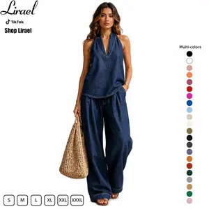 Women's Denim 2 Piece Set |   Flattering Halter Top & Wide Leg Jeans |   Plus Size Friendly Y2K Streetwear 2026