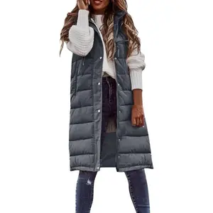 Women’s lightweight quilted puffer vest with hood — long, sleeveless, puffy winter warm coat