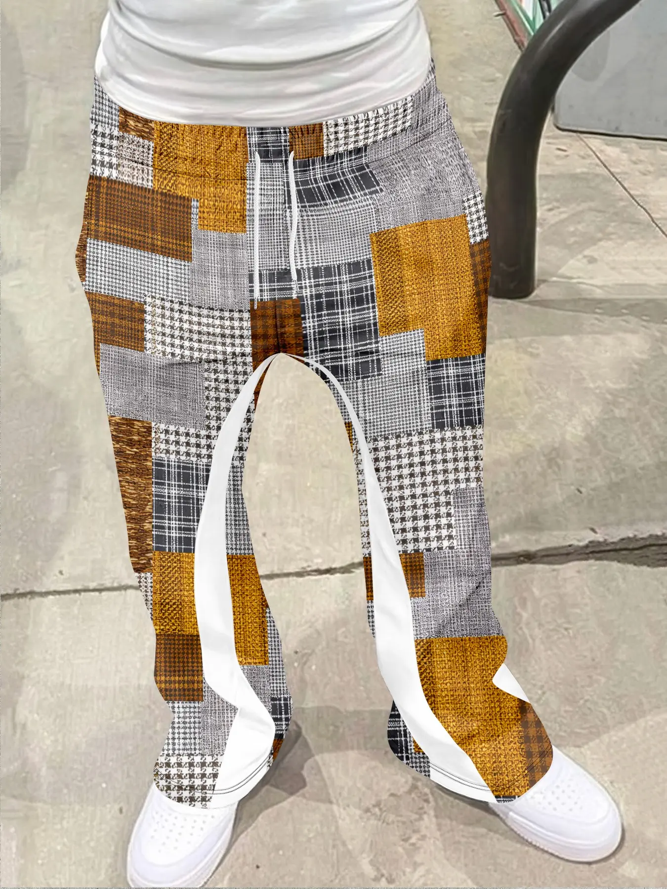 Men's Loose Fit Wide Leg 3D Autumn Plaid Patch Print Pants, Patchwork Casual Sporty Streetwear, Hip Hop Vintage Long Pants, Fitted Geometric Pattern, Stylish, Fashion, Aesthetic, Casual Athletic Pants