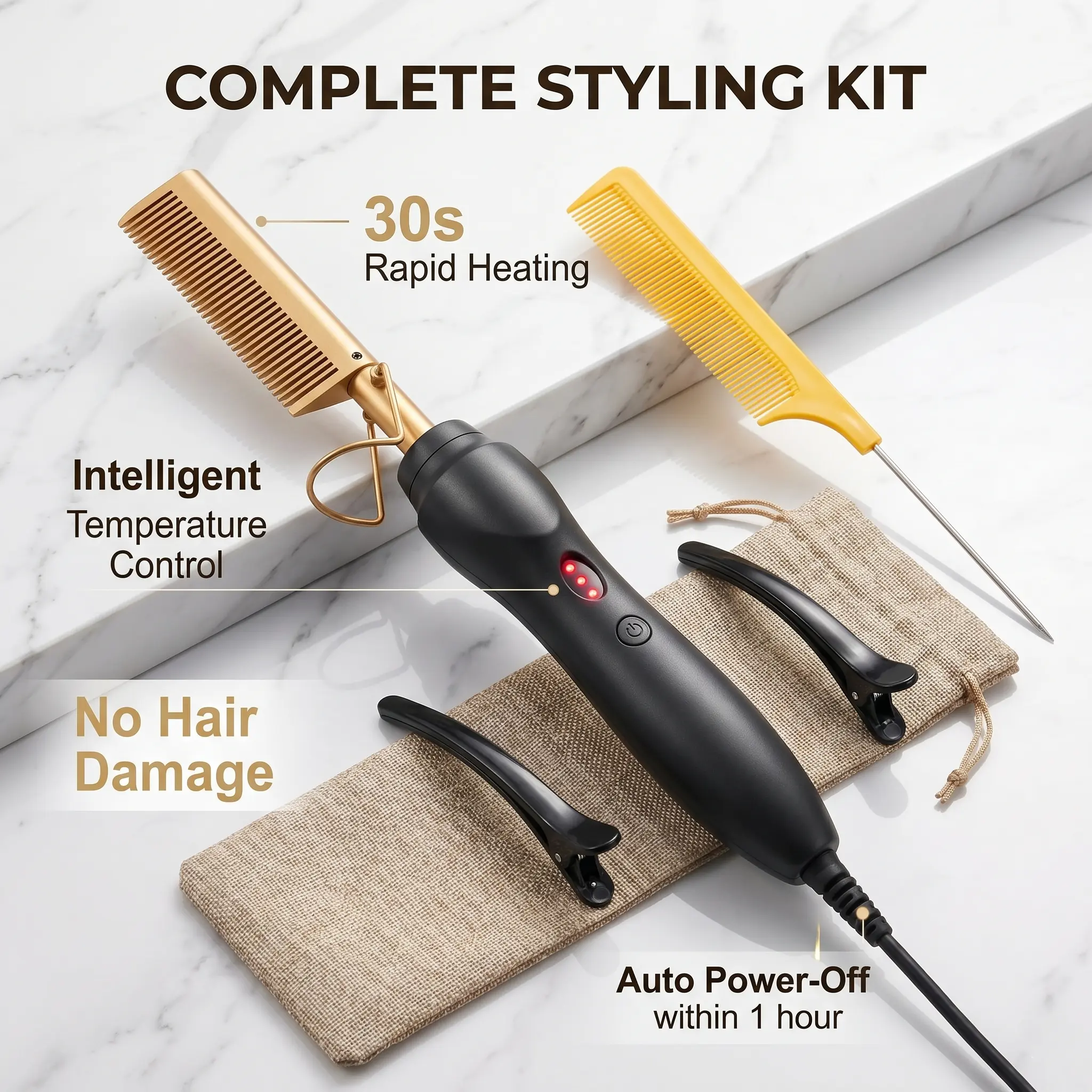 Electric Hot Comb - Fast-Heating Silk Press Tool for Natural Hair, Curlers & Wigs, Anti-Frizz Lightweight Styling Tool with Storage Bag, Ideal for Her Dating Needs
