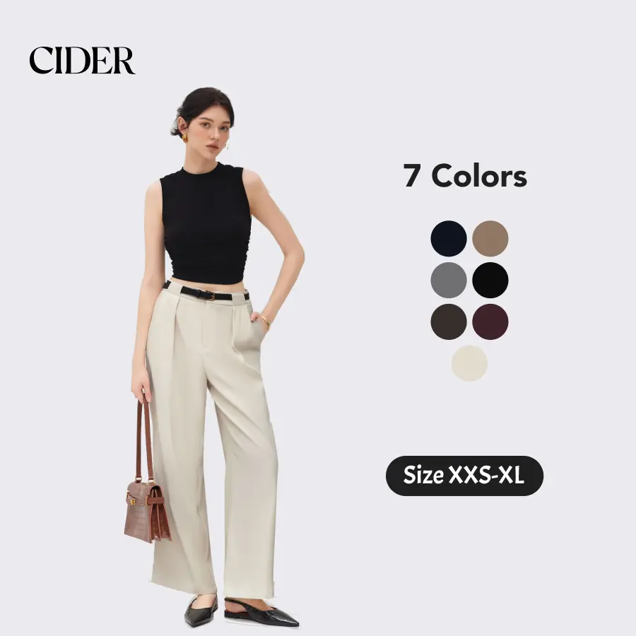 Cider Women's Petite Mid-Rise Solid Wide-Leg Trousers with Belt, Stylish Pants for Casual Daily Wear, Lady, Basic, Bottoms, Casual Wear, Full Length