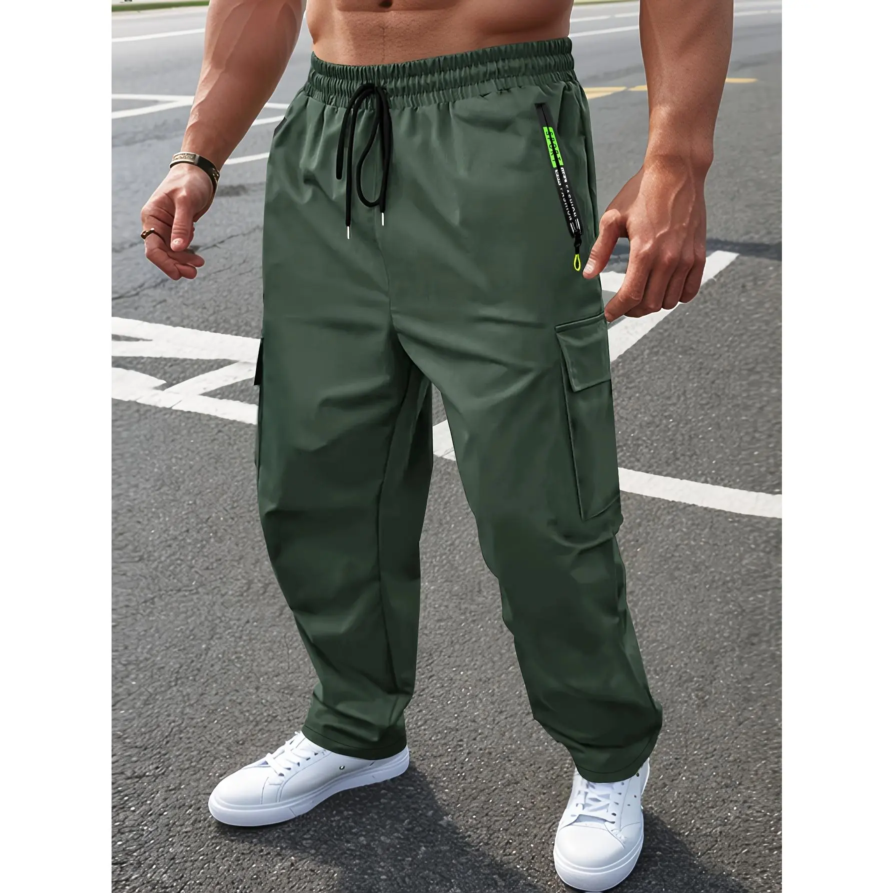 Men's Slim Fit Stylish Drawstring Elastic Waist Sports Pants with Zipper & Large Patch Pockets, Straight-Leg Menswear for Outdoor Casual Spring Autumn Workwear (Pair with Sneakers)