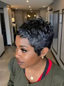 Pixie Cut Human Hair Wigs Burgundy, Machine Made Short Straight Layered Wig for Women, Natural, Daily Party Cosplay Gift Use