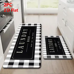 2pcs/3pcs Flannel Kitchen Mat Set, Classic Checkered Border, Vintage Industrial Style, Non-Slip, Absorbent