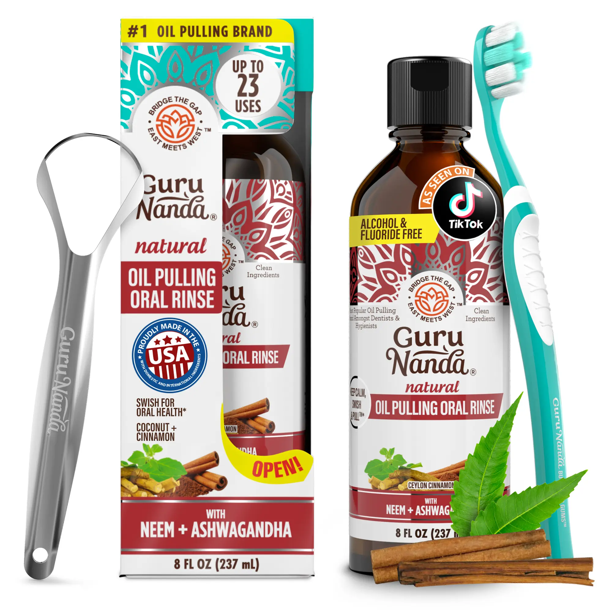 GuruNanda Cinnaon & Coconut Oil Pulling with Neem & Ashwagandha, Promotes Fresh Breath & Calmness, Alcohol-Free, 8 fl oz
