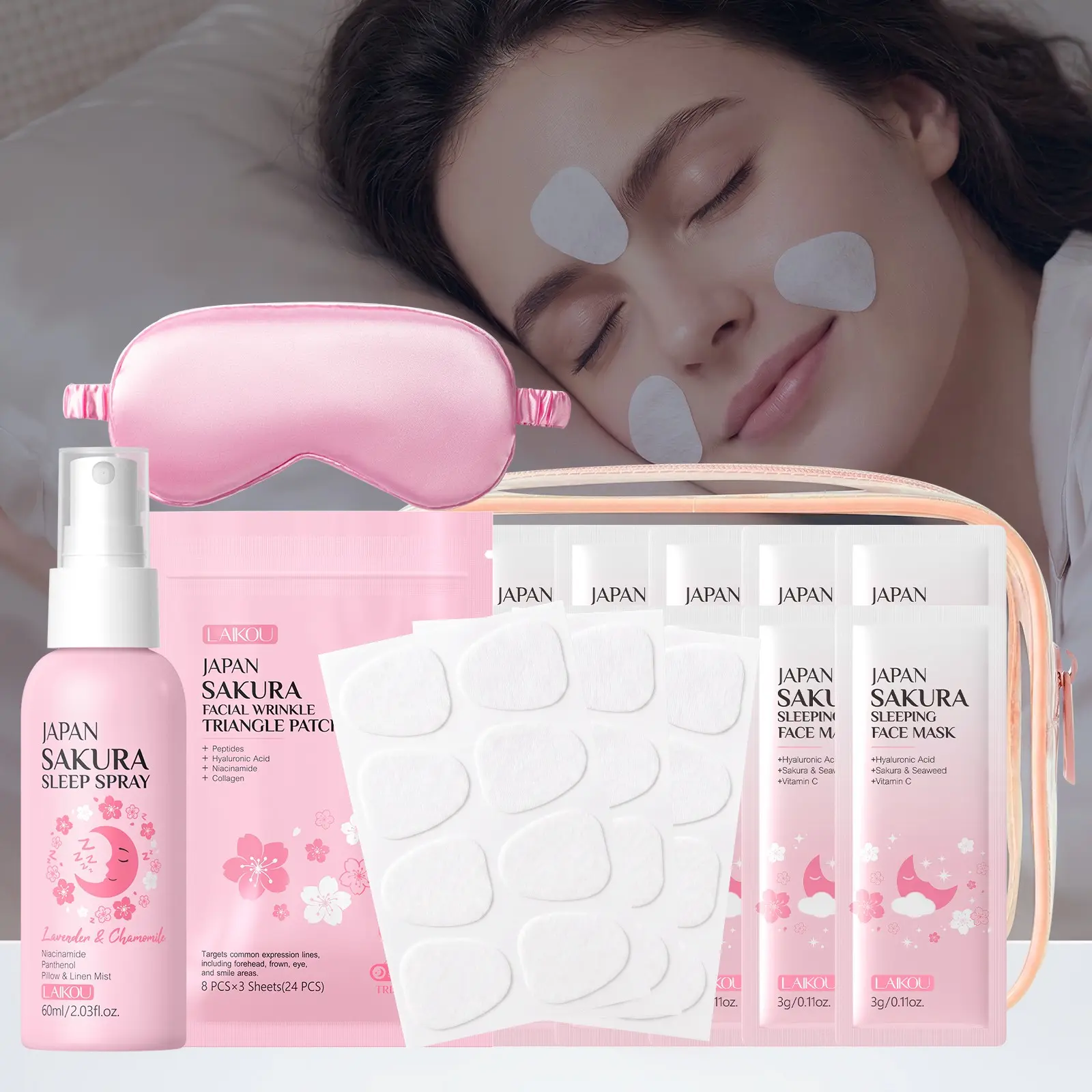 Laikou Japanese Cherry Blossom Sleep Set, Comfortable Bedding Collection, Perfect Gift for Relaxing Nights, High-Quality Fabric, Sleeping Mask Collagen, Sleeping Eyemask