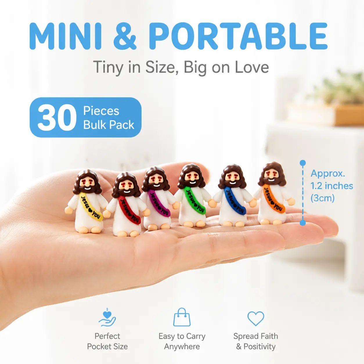 Bememo 30 Pcs Little Jesus Figures OriginalDesign Jesus Love You Mini Rubber Toys to Hideand Seek Christmas Religious Party FavorsSunday School Baptism Gifts(Lively Colors)