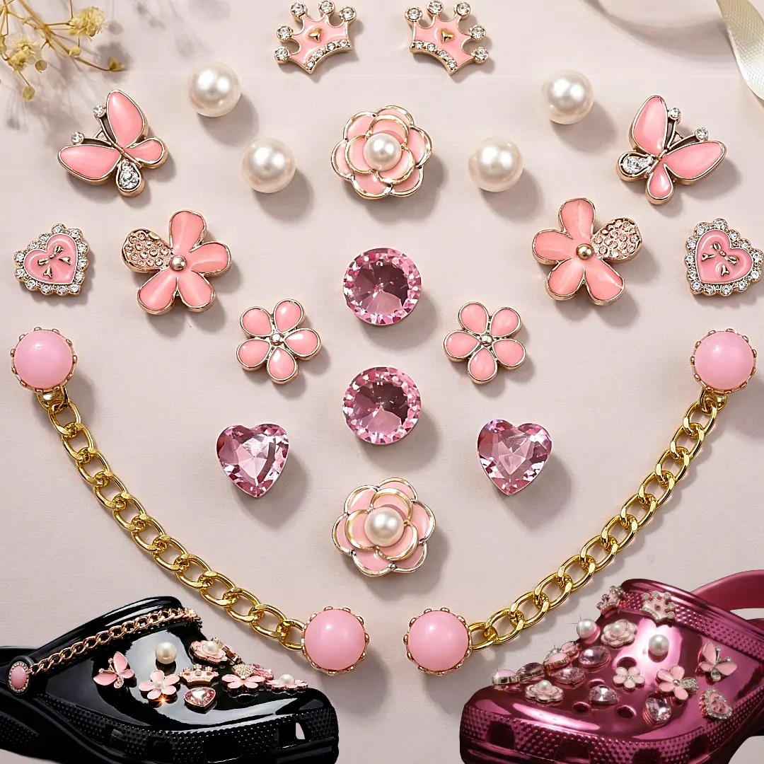 IVASKY 24PCS Elegant Pink Bling Coquette Shoe Charms Set for Croc and Jibbit – Butterfly Flower Crown Chain Trendy Hole Shoes Accessories Shoe Kit Character Cartoon jewelry accessory shoe decoration charms Charm Pack for Women silver plain Footwear