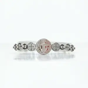 FIMENESS SAN BENITO (ST. BENEDICT) TRIPLE MEDAL STAINLESS STEEL BRACLET 6IN PLUS 2 IN EXTENDER CHAIN NON TARNISH JEWELRY