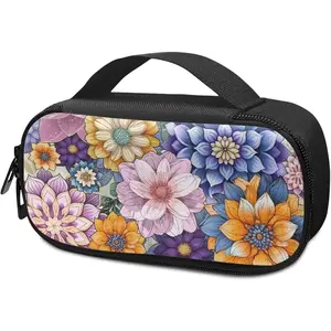 Suhoaziia Flower Print Cloth-Mesh Compact Customizable Diabetic Supplies Organizer Bag, Carrying Case for Diabetes Testing Kit, Blood Glucose Monitor, Test Strips, Lancets, Lancing Device, Alcohol Wipes