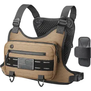 Outdoor Sport Chest Rig for Men Women, Running Vest Bag with Pack Holster, Chest Pack Built in Phone Holder for Cycling, Camping,Travel, Hiking, Workouts, EDC(Brown)