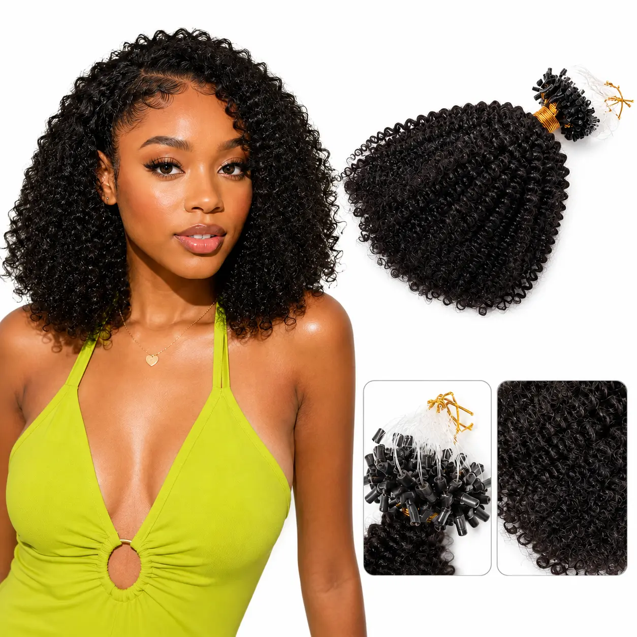 100 Strands Afro Kinky Curly Micro Link Hair Extensions, 100% Human Hair Micro Loop Micro Ring Bead Extensions, Glueless Cold Fusion, Natural Black, Seamless Blend for Black Women,Afro Kinky Curly Micro Link Hair Extensions Human Hair