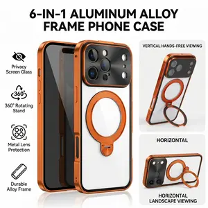 Aluminium 6-in-1 Phone Case Frame with Screen Guard for iPhone 15/16/17 Pro Max, MagSafe Magnetic, 1-Click Buckle Installation, Anti-Peep, Drop/Scratch Proof, 360° Adjustable Stand，Office ，Café，Wireless, Protection, Shockproof, Casing, Screen Protector