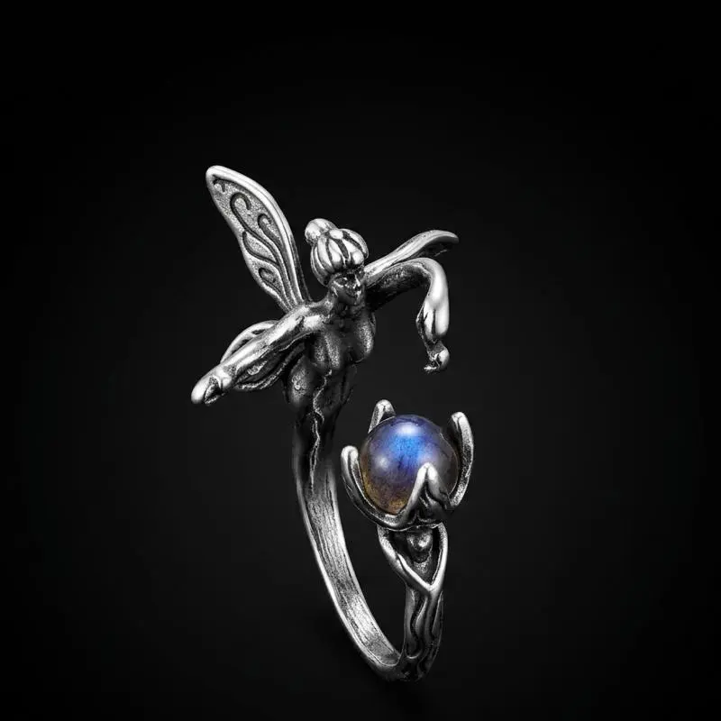 Adjustable Stainless Steel Labradorite Fairy Ring - Stainless Steel Jewelry, Casual Romantic Adjustable Couples Ring, Fairycore Cottagecore Whimsical Nature Jewelry, Gift Idea