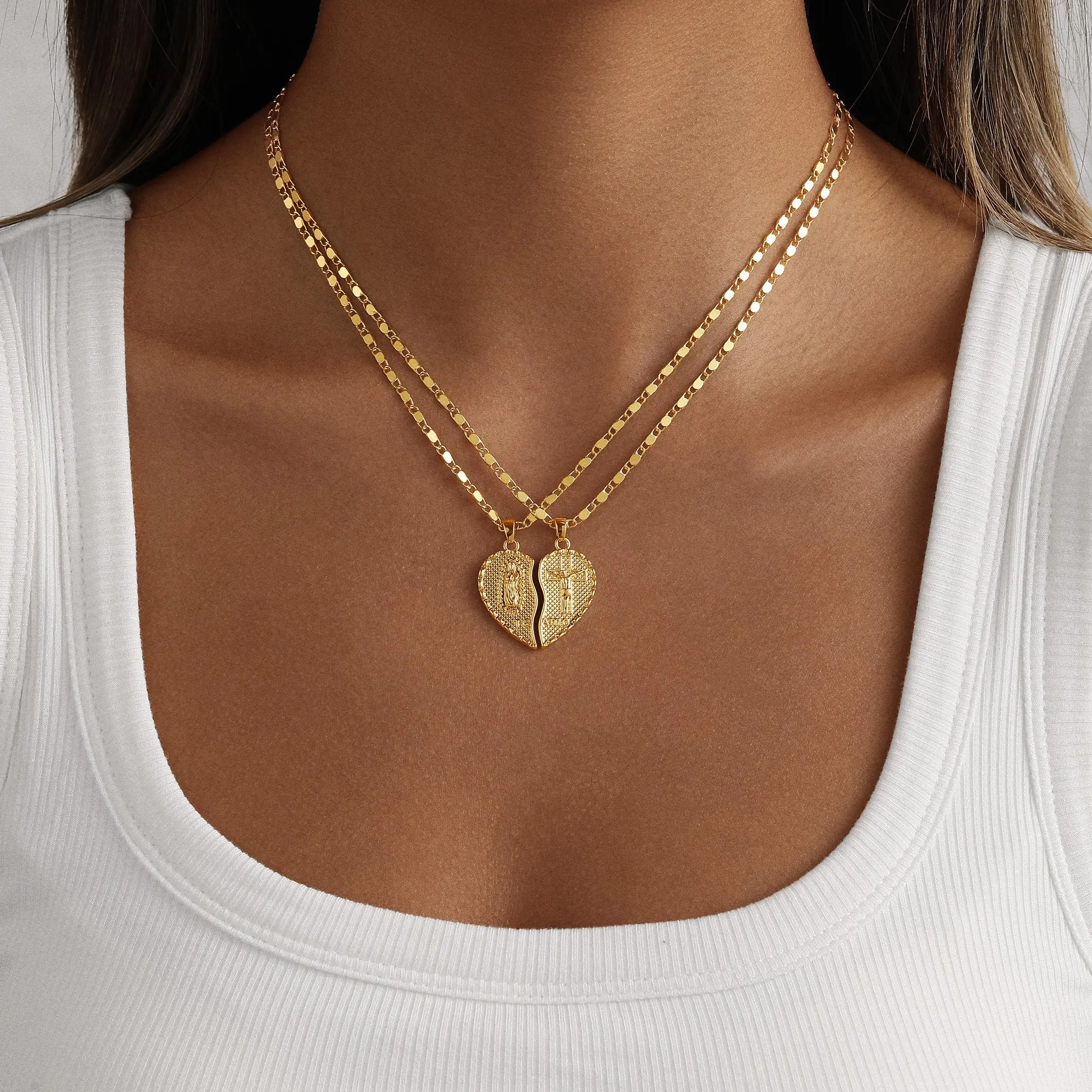 Rotnso 14K Gold Plated Te Amo Heart Necklace Set with Virgin Mary & Cross Pendants Hypoallergenic Adjustable Couple Gift for Valentine's Day & Special Occasions