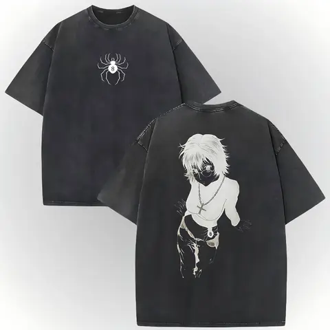 Men's Hunter X Hunter Shizuku Graphic T-Shirt - 100% Heavyweight Cotton Fabric, Vintage Washed, Ribbed Elastic Knit, Short-Sleeve, Loose Baggy Fit, Round Neck, Casual Anime Merchandise (Size L)