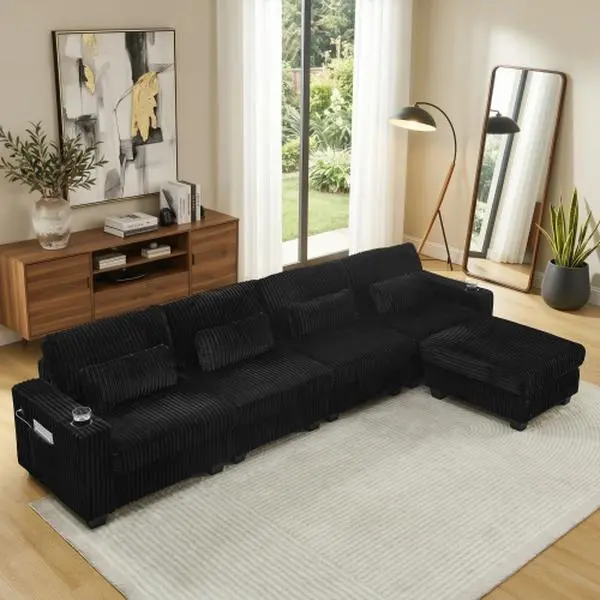 Niccae 3-Piece L-Shaped Modular Corduroy Sofa Set for Living Room, 126" Wide Seating 4-Seater Convertible Couch with Ottoman, Cup Holders, Charge Port, Back & Waist Pillows, Ottoman to Sit/Lay, 72h Full Revival